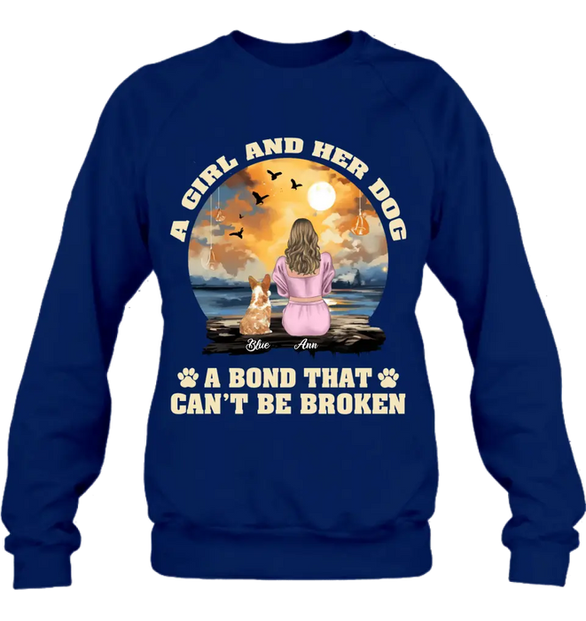 Custom Personalized Dog Mom Shirt/Hoodie - Gift Idea for Dog Lover - Upto 4 Dogs -  A Girl And Her Dog A Bond That Can't Be Broken