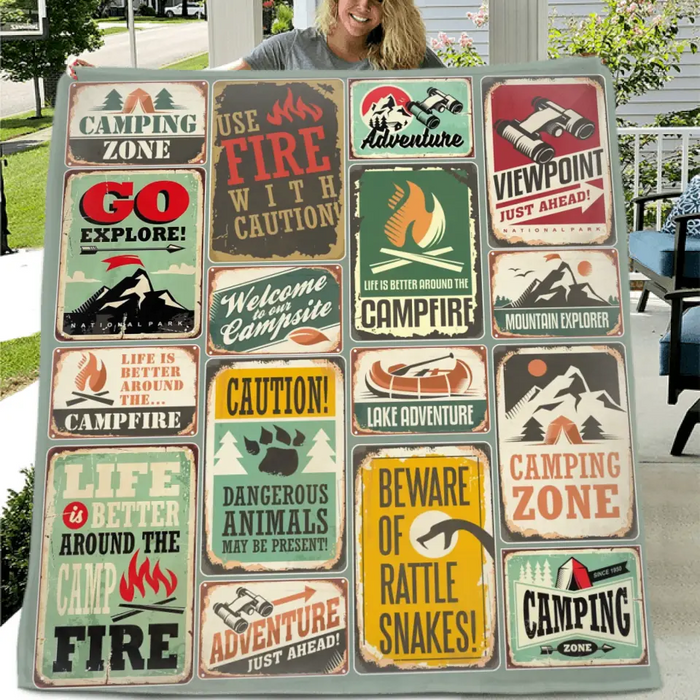 Camping Quilt/ Single Layer Fleece Blanket - Gift Idea For Family/ Camping Lover - Camping Zone