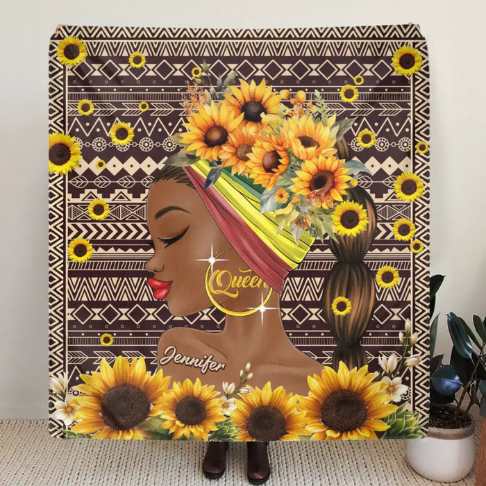 Custom Personalized Sunflower Girl Singer Layer Fleece/Quilt Blanket- Gift Idea for Black Girl/Black Woman/Afro Black Girl