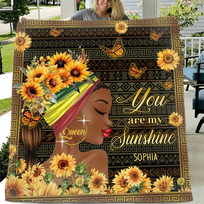 Custom Personalized Sunflower Girl Singer Layer Fleece/Quilt Blanket- Gift Idea for Black Girl/Black Woman/Afro Black Girl - You Are My Sunshine