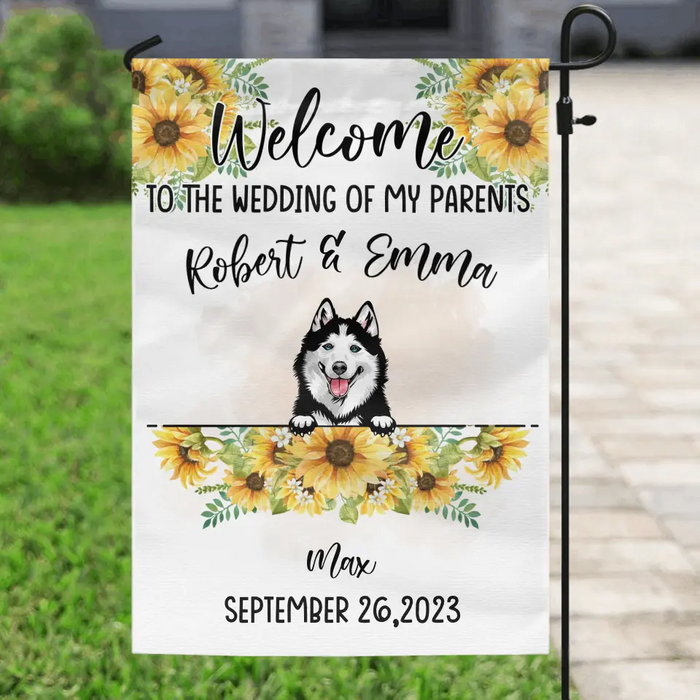 Custom Personalized Dog Wedding Flag Sign - Upto 5 Dogs - Wedding Gift Idea For Couple/ Dog Lover - Welcome To The Wedding Of Our Parents