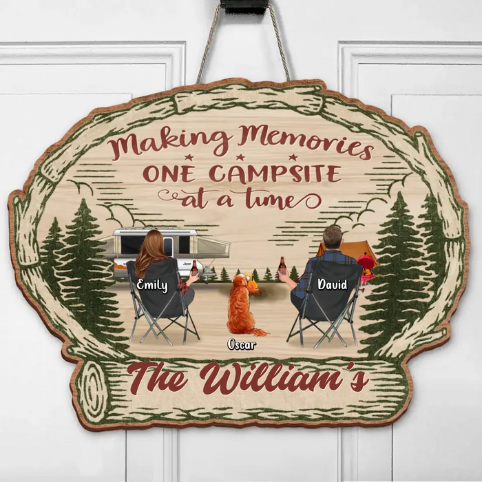 Custom Personalized Camping Wooden Sign - Couple/Parents With Upto 3 Children & 3 Pets - Gift Idea For Family/Camping Lovers - Making Memories One Campsite At A Time