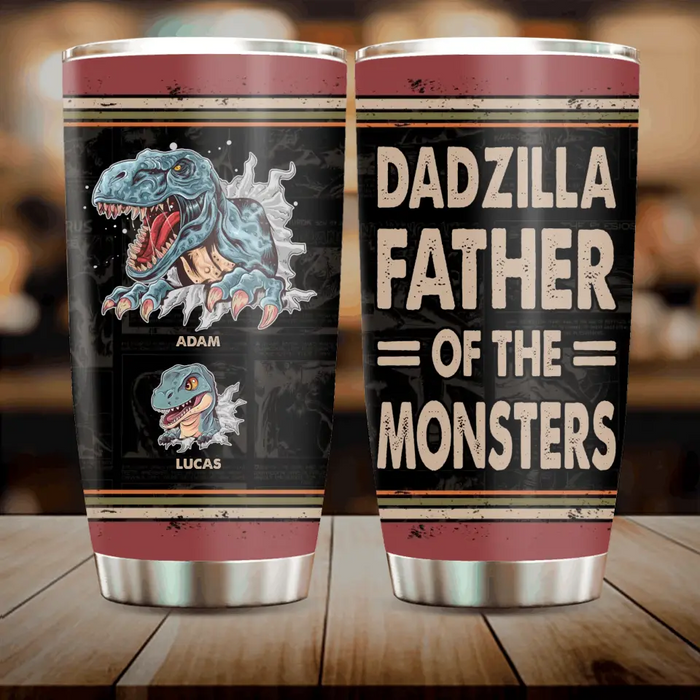 Custom Personalized Father Dinosaur Tumbler - Gift Idea For Dad/ Father - Upto 5 Kids - Dadzilla Father Of The Monsters