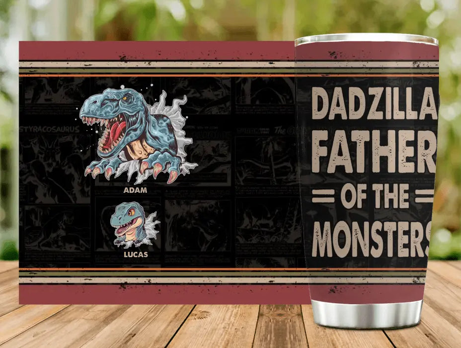 Custom Personalized Father Dinosaur Tumbler - Gift Idea For Dad/ Father - Upto 5 Kids - Dadzilla Father Of The Monsters