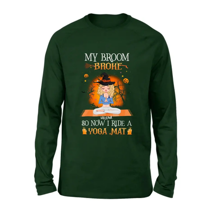 Custom Personalized Witch Yoga Girl Shirt/Hoodie - Gift Idea For Witch Lover/ Halloween - My Broom Broke So Now I Ride A Yoga Mat