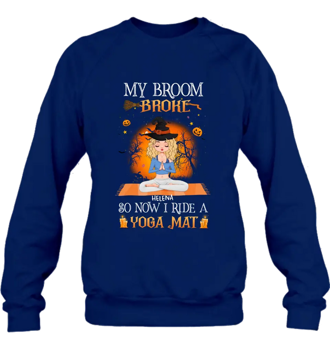 Custom Personalized Witch Yoga Girl Shirt/Hoodie - Gift Idea For Witch Lover/ Halloween - My Broom Broke So Now I Ride A Yoga Mat