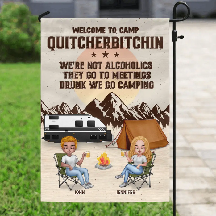 Custom Personalized Camping Flag - Upto 4 People - Gift Idea for Camping Lovers/ Couple/ Friends - Welcome To Camp Quitcherbitchin