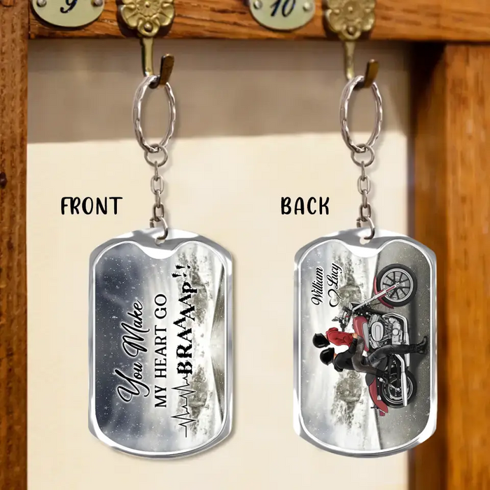 Custom Personalized Riding Couple Aluminum Keychain - Gift Idea for Husband/ Wife/ Couple/ Him/ Her - You Make My Heart Go Braaaap!