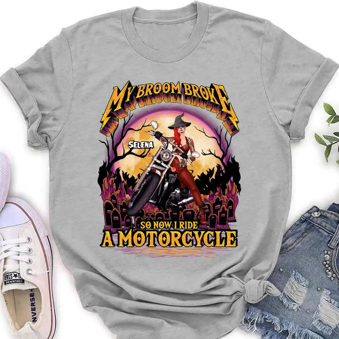 Custom Personalized Witch Biker Shirt/Hoodie - Upto 4 Dogs/Cats - Halloween Gift Idea For Bikers - My Broom Broke So Now I Ride A Motorcycle