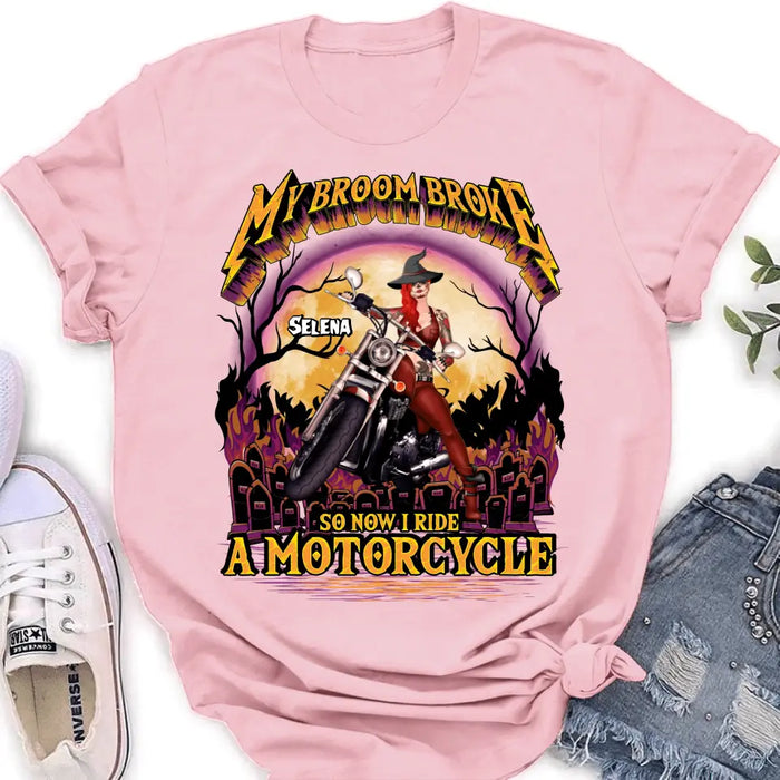 Custom Personalized Witch Biker Shirt/Hoodie - Upto 4 Dogs/Cats - Halloween Gift Idea For Bikers - My Broom Broke So Now I Ride A Motorcycle