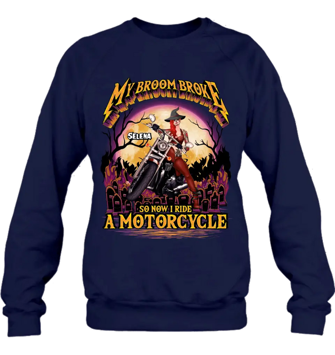 Custom Personalized Witch Biker Shirt/Hoodie - Upto 4 Dogs/Cats - Halloween Gift Idea For Bikers - My Broom Broke So Now I Ride A Motorcycle