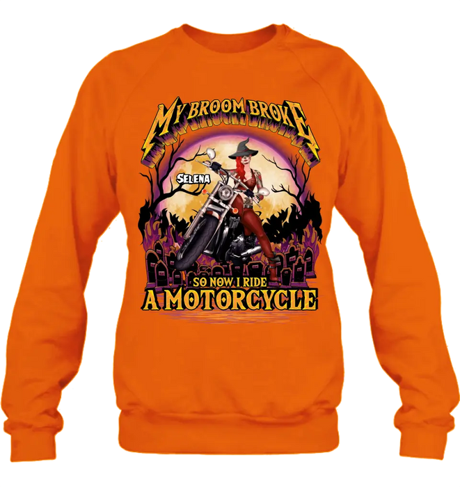 Custom Personalized Witch Biker Shirt/Hoodie - Upto 4 Dogs/Cats - Halloween Gift Idea For Bikers - My Broom Broke So Now I Ride A Motorcycle