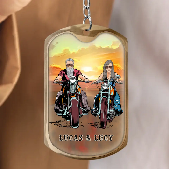 Custom Personalized Couple Biker Aluminum Keychain - Gift Idea For Him/ Gift To Husband From Wife - Ride Safely Handsome I Need You Here With Me Love You More