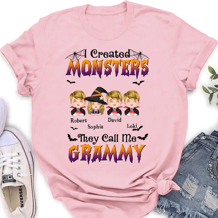 Personalized Grandma Shirt/Hoodie - Halloween Gift Idea for Witch Lovers - Upto 4 Kids - I Created Monsters They Call Me Grammy