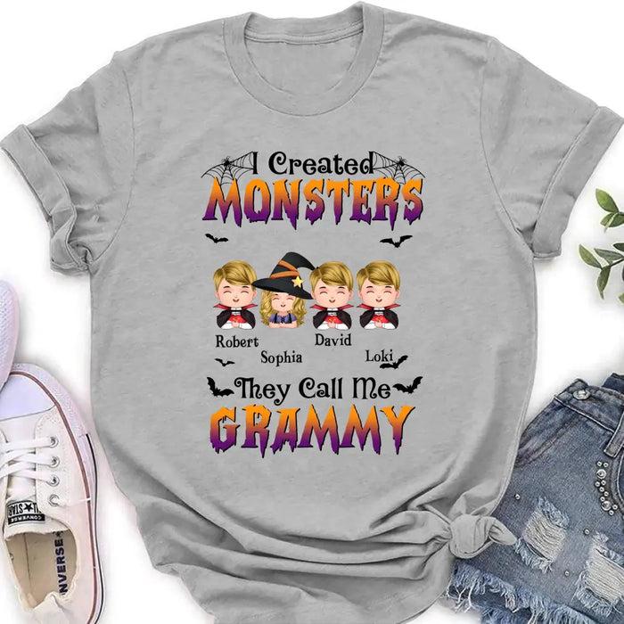 Personalized Grandma Shirt/Hoodie - Halloween Gift Idea for Witch Lovers - Upto 4 Kids - I Created Monsters They Call Me Grammy