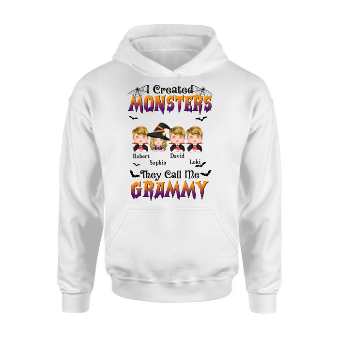 Personalized Grandma Shirt/Hoodie - Halloween Gift Idea for Witch Lovers - Upto 4 Kids - I Created Monsters They Call Me Grammy