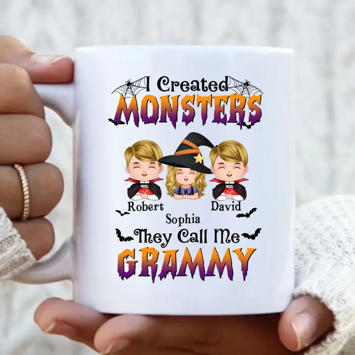 Personalized Grandma Coffee Mug - Halloween Gift Idea for Witch Lovers - Upto 3 Kids - I Created Monsters They Call Me Grammy