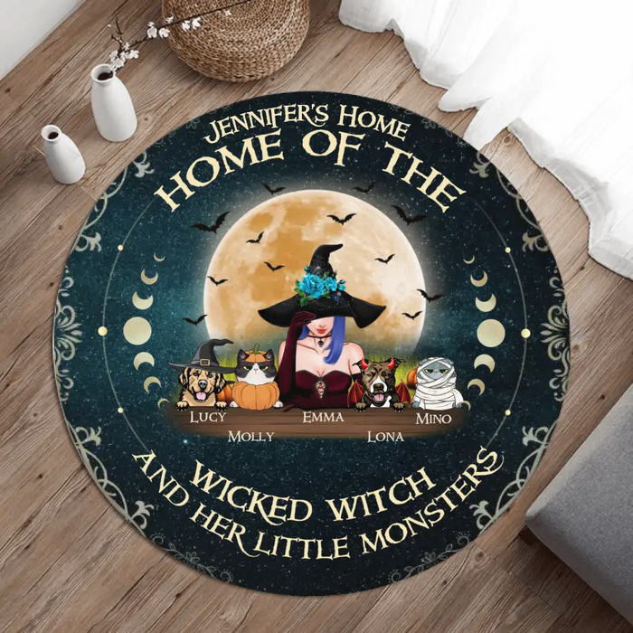 Custom Personalized Witch Round Rug - Gift Idea For Halloween/Wicca Decor/Pagan Decor - Upto 6 Pets - Home Of The Wicked Witch And Her Little Monsters