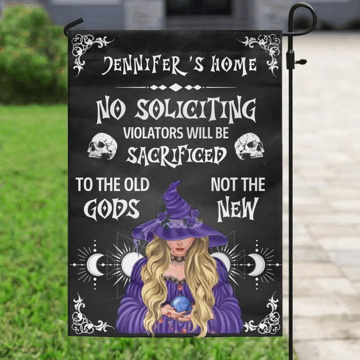 Personalized Witch Flag Sign - Halloween Gift Idea For Witch Lover/Friend/Wiccan Decor/Pagan Decor - No Soliciting Violators Will Be Sacrificed To The Old Gods Not The New