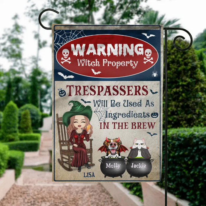 Personalized Witch Flag Sign - Halloween Gift Idea for Pet Lovers - Upto 2 Pets - Trespassers Will Be Used As Ingredients In The Brew