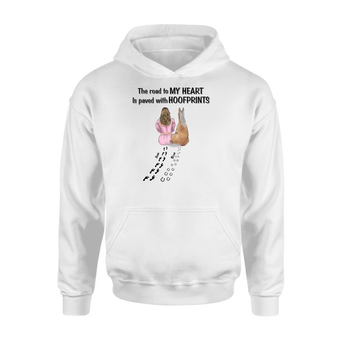 Custom Personalized Horse Mom Shirt/Hoodie - Gift Idea For Horse Lover - Upto 3 Horses - The Road To My Heart Is Paved With Hoofprints