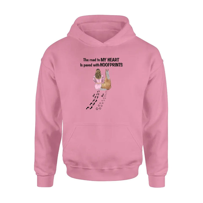 Custom Personalized Horse Mom Shirt/Hoodie - Gift Idea For Horse Lover - Upto 3 Horses - The Road To My Heart Is Paved With Hoofprints