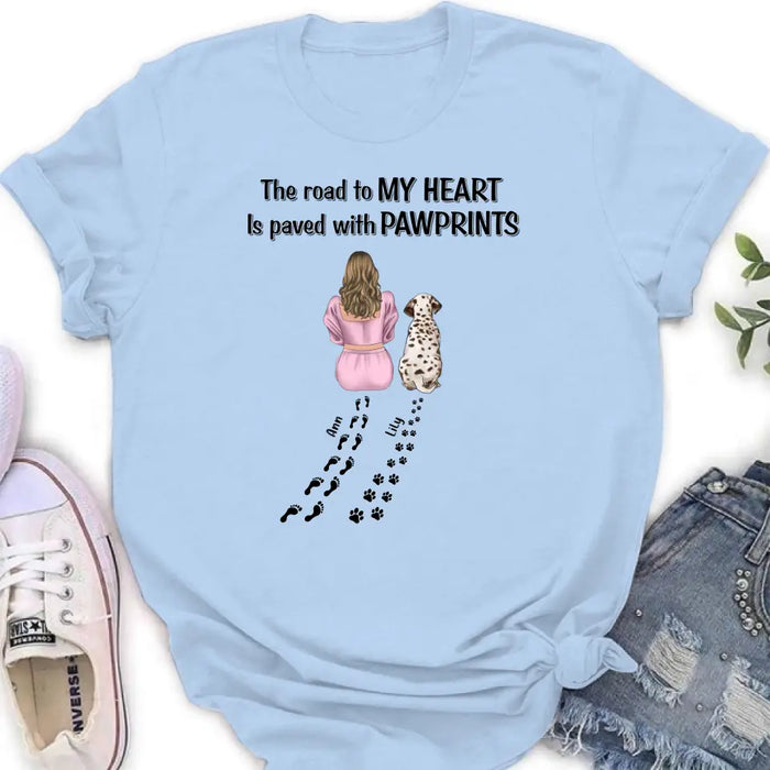 Custom Personalized Pet Mom Shirt/Hoodie - Gift Idea For Dog/Cat Lover - Upto 3 Pets - The Road To My Heart Is Paved With Pawprints