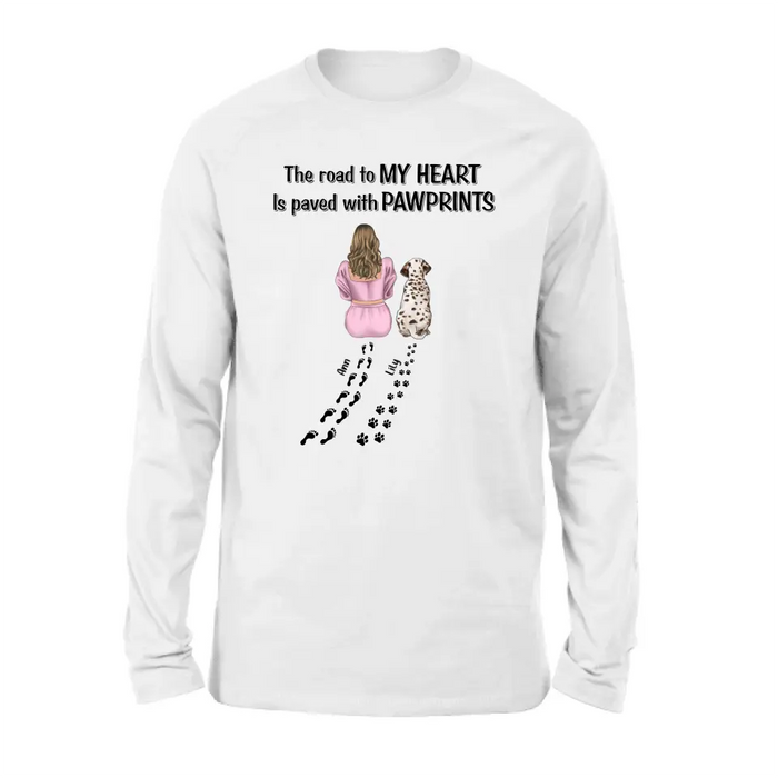 Custom Personalized Pet Mom Shirt/Hoodie - Gift Idea For Dog/Cat Lover - Upto 3 Pets - The Road To My Heart Is Paved With Pawprints