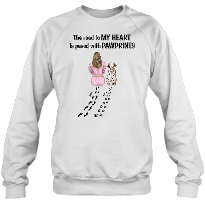 Custom Personalized Pet Mom Shirt/Hoodie - Gift Idea For Dog/Cat Lover - Upto 3 Pets - The Road To My Heart Is Paved With Pawprints