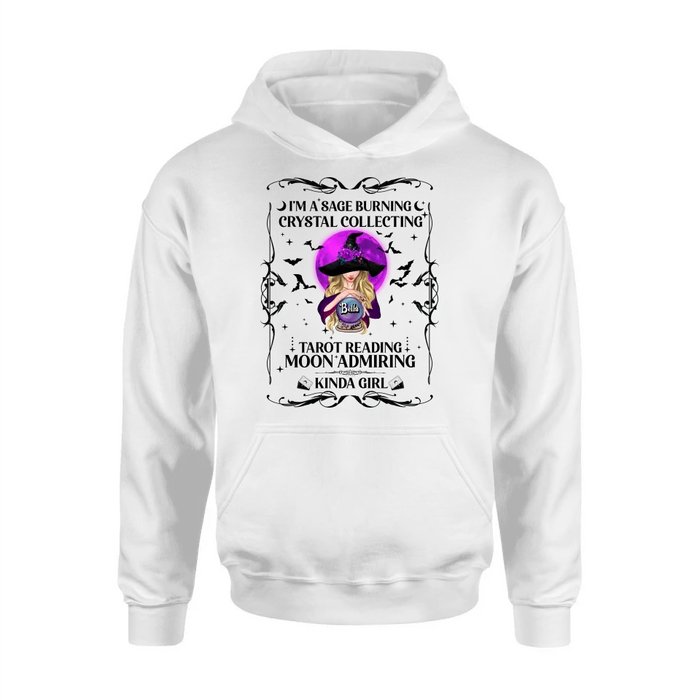 Custom Personalized Witch Shirt/Hoodie - Halloween Gift Idea for Witch Lovers - I'm A Sage Burning Crystal Collecting Tarot Reading Moon Admiring Kinda Girl