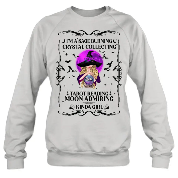 Custom Personalized Witch Shirt/Hoodie - Halloween Gift Idea for Witch Lovers - I'm A Sage Burning Crystal Collecting Tarot Reading Moon Admiring Kinda Girl