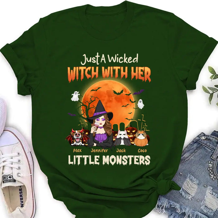 Custom Personalized Witch Pet Mom T-shirt/ Sweatshirt/ Long Sleeve/ Hoodie - Upto 3 Dogs/Cats - Halloween Gift For Cat/Dog Mom - Just A Wicked Witch With Her Little Monsters