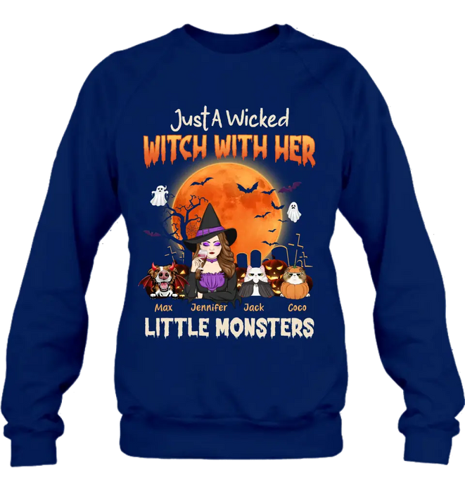 Custom Personalized Witch Pet Mom T-shirt/ Sweatshirt/ Long Sleeve/ Hoodie - Upto 3 Dogs/Cats - Halloween Gift For Cat/Dog Mom - Just A Wicked Witch With Her Little Monsters