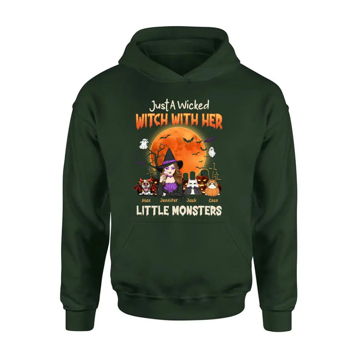 Custom Personalized Witch Pet Mom T-shirt/ Sweatshirt/ Long Sleeve/ Hoodie - Upto 3 Dogs/Cats - Halloween Gift For Cat/Dog Mom - Just A Wicked Witch With Her Little Monsters