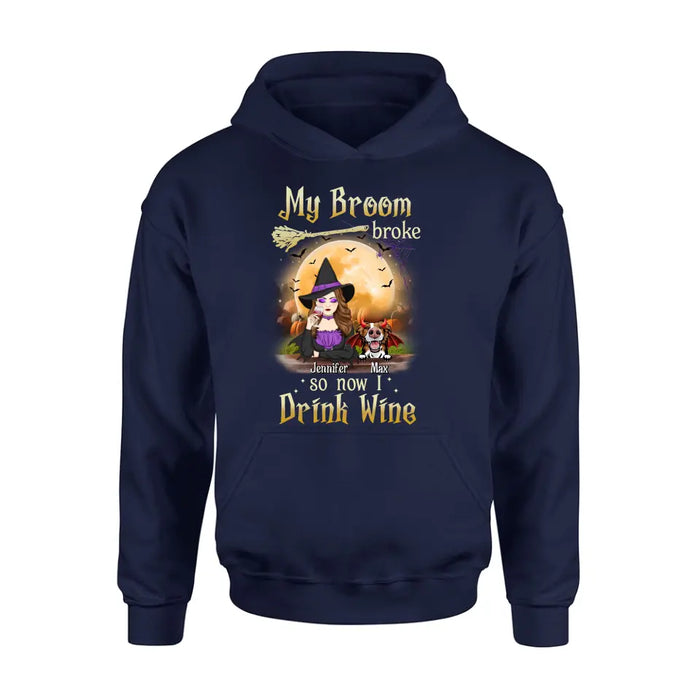 Personalized Witch Pet Mom T-shirt/Hoodie - Upto 3 Pets - Halloween Gift For Cat/Dog Mom - My Broom Broke So Now I Drink Wine