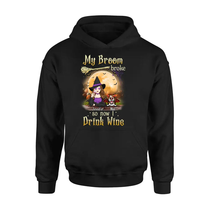 Personalized Witch Pet Mom T-shirt/Hoodie - Upto 3 Pets - Halloween Gift For Cat/Dog Mom - My Broom Broke So Now I Drink Wine