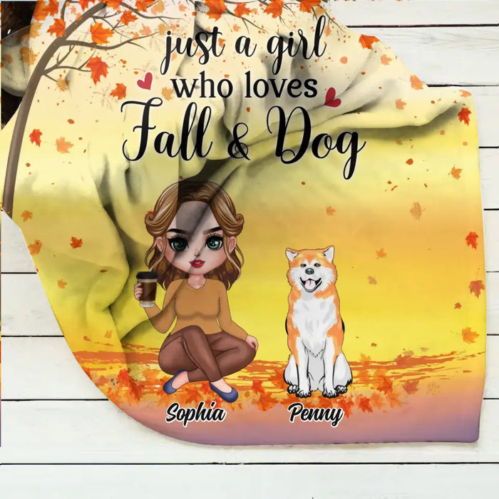 Custom Personalized Dog Mom Single Layer Fleece/Quilt Blanket - Upto 4 Dogs - Gift Idea for Dog Lovers/ Autumn Gift - Just A Girl Who Loves Fall & Dogs