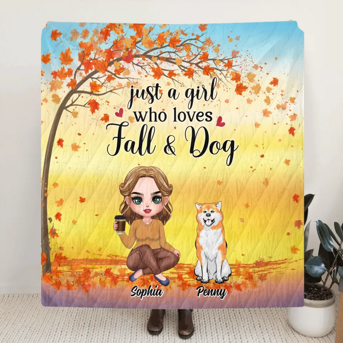 Custom Personalized Dog Mom Single Layer Fleece/Quilt Blanket - Upto 4 Dogs - Gift Idea for Dog Lovers/ Autumn Gift - Just A Girl Who Loves Fall & Dogs