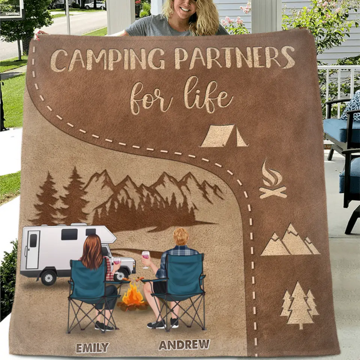 Custom Personalized Camping Couple Single Layer Fleece/Quilt Blanket - Gift Idea For Couple/Camping Lover - Camping Partners For Life