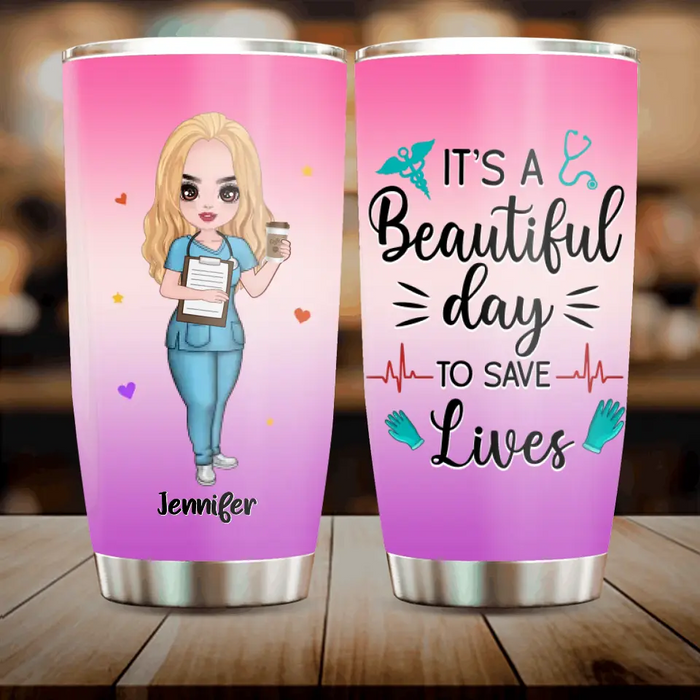 Personalized Nurse Tumbler 20oz - Gift Idea For Nurse/ Friend - Water Scrubs & Rubber Gloves