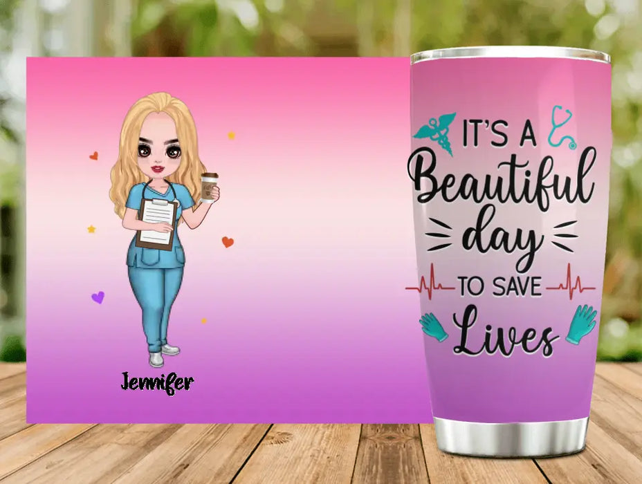 Personalized Nurse Tumbler 20oz - Gift Idea For Nurse/ Friend - Water Scrubs & Rubber Gloves