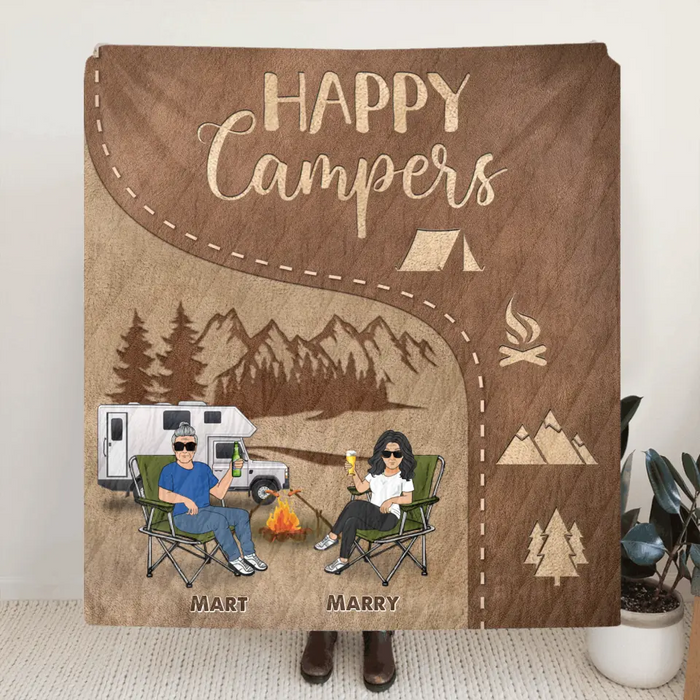 Custom Personalized Camping Couple Single Layer Fleece/Quilt Blanket - Gift Idea For Couple/Camping Lover - Happy Campers