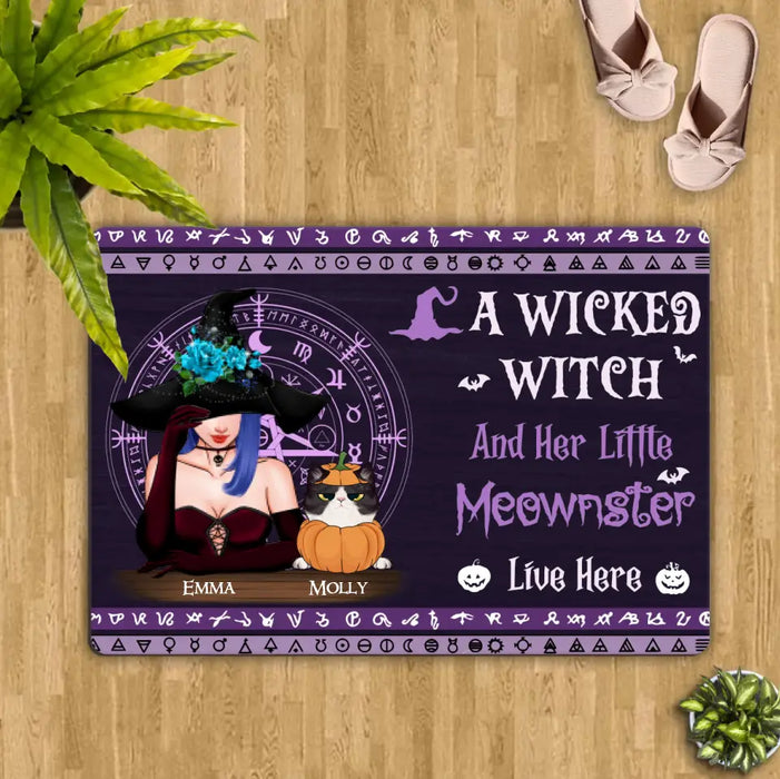 Personalized Witch Doormat - Halloween/ Witch/ Pagan/ Wicca Decor/ Cat Lovers Gift with up to 6 Cats - A Wicked Witch And Her Little Moewnster Live Here