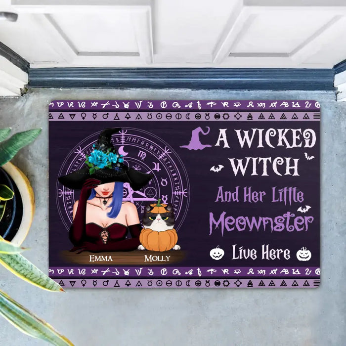 Personalized Witch Doormat - Halloween/ Witch/ Pagan/ Wicca Decor/ Cat Lovers Gift with up to 6 Cats - A Wicked Witch And Her Little Moewnster Live Here