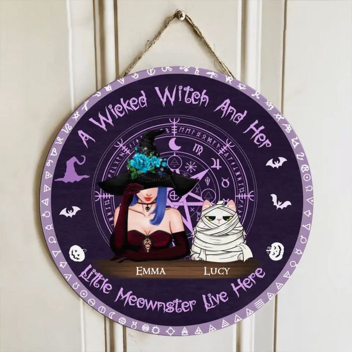 Personalized Witch Round Wooden Sign - Halloween/ Witch/ Pagan/ Wicca Decor/ Cat Lovers Gift with up to 6 Cats - A Wicked Witch And Her Little Moewnster Live Here