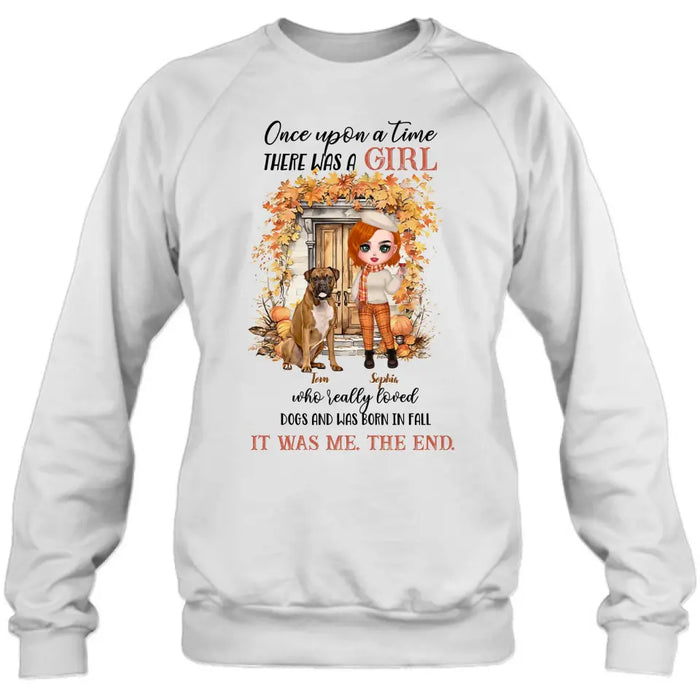 Custom Personalized Fall And Dogs Shirt/ Hoodie - Gift Idea for Dog Lovers - Upto 6 Dogs - Once Upon A Time There Was A Girl Who Loved Dogs And Was Born In Fall