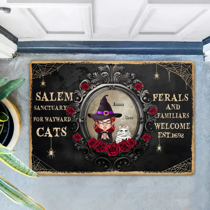 Custom Personalized Halloween Cat Mom Doormat - Upto 4 Cats - Halloween Gift For Cat Lovers/Wiccan Decor/Pagan Decor - Salem Sanctuary For Wayward Cats