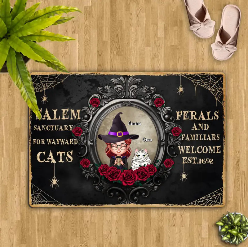 Personalized Halloween Cat Mom Doormat - Up to 4 Cats - Halloween Gift For Cat Lovers/Wiccan Decor/Pagan Decor - Salem Sanctuary For Wayward Cats