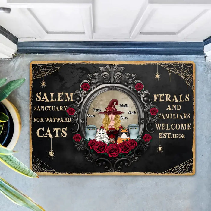 Custom Personalized Halloween Cat Witch Doormat - Upto 4 Cats - Halloween Gift For Cat Lovers/Wiccan Decor/Pagan Decor - Salem Sanctuary For Wayward Cats