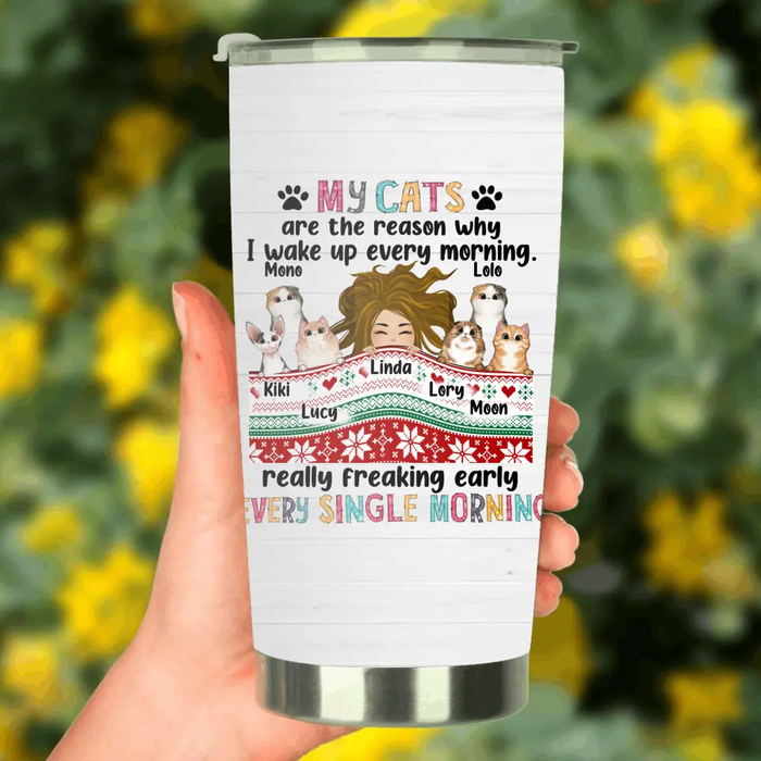 Personalized Cat Mom Tumbler - Gift Idea For Mom/Cat Lovers - Up to 6 Cats - My Cats Are The Reason Why I Wake Up Every Morning